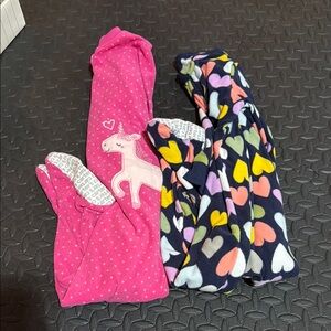 Carters Fleece footie pajama Pink Unicorn and Hearts bundle 2T